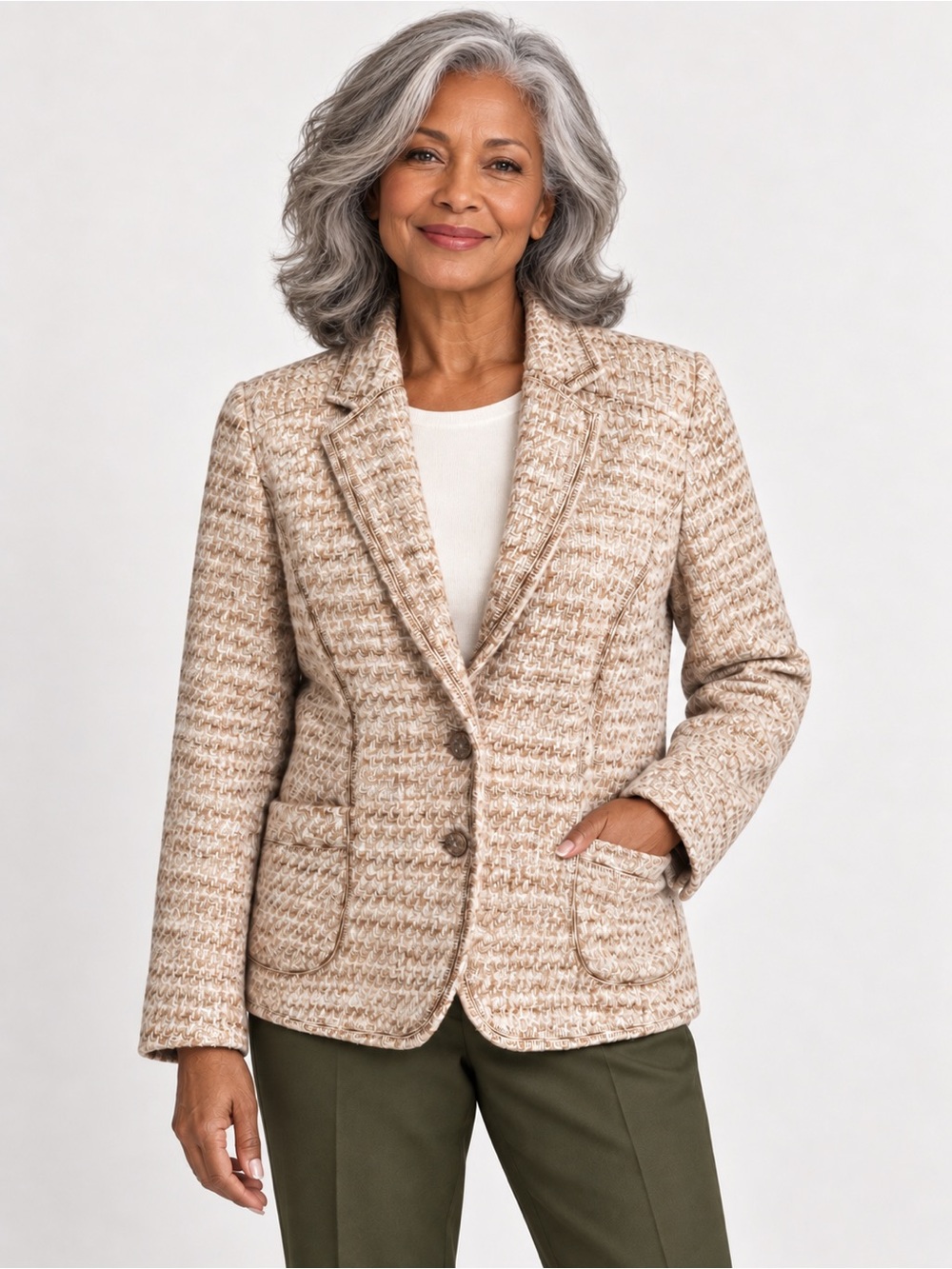 🍁Coldwater Creek Ivory/Tan Ivy Stitched Bouclé Blazer Jacket NWT Women 14